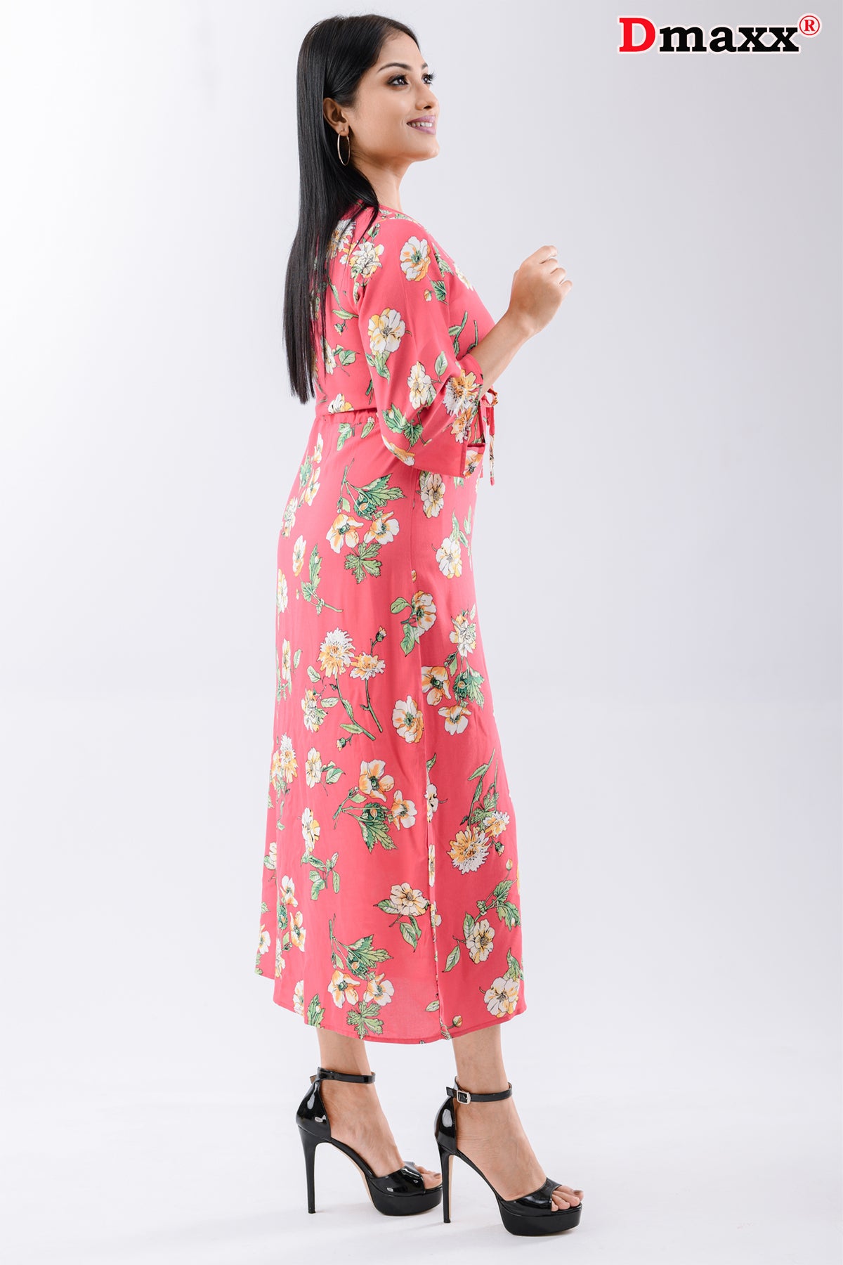 V Neck Three Quarter Sleeve long Button Dress