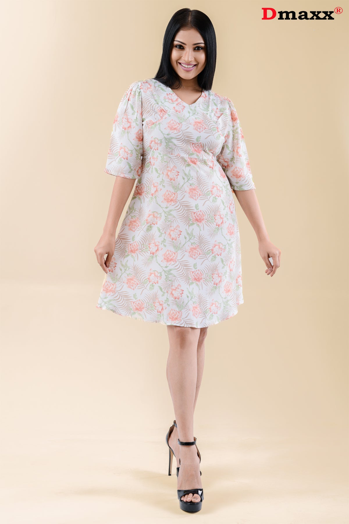 V Neck Collar Three Quarter Sleeve Mini Dress