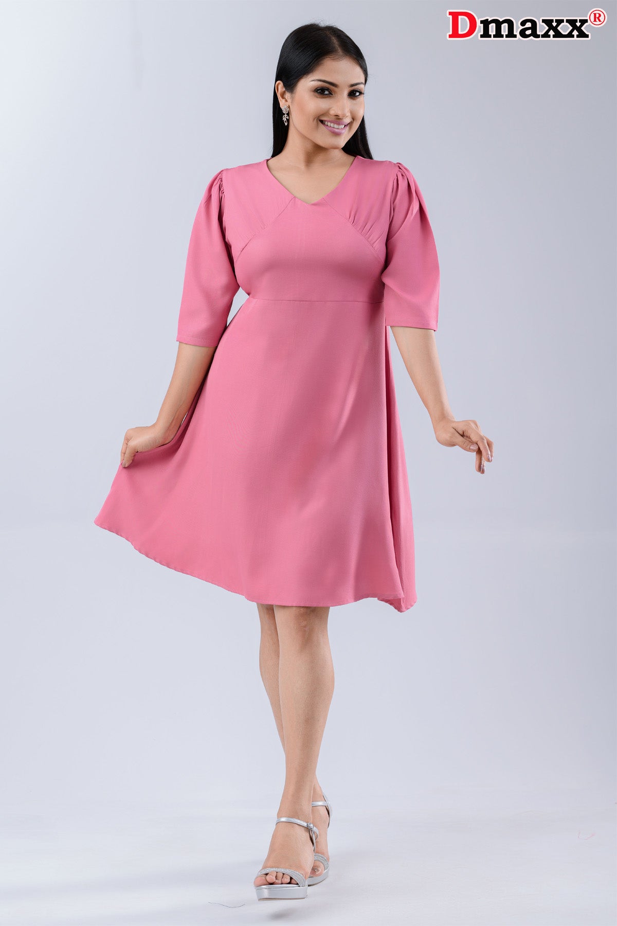V Neck Three Quarter Sleeve Mini Dress