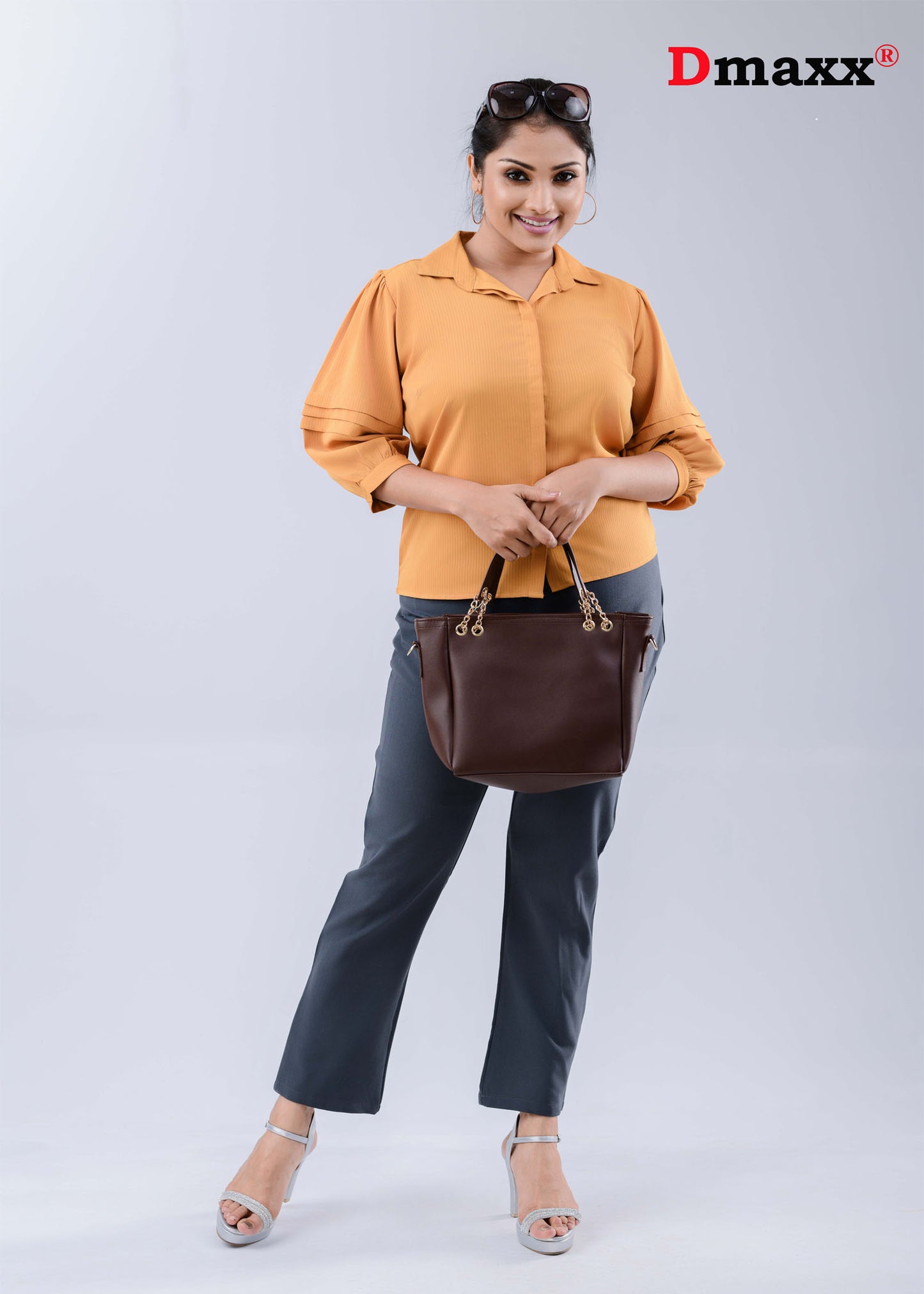 Pleated puff sleeve mustard blouse.