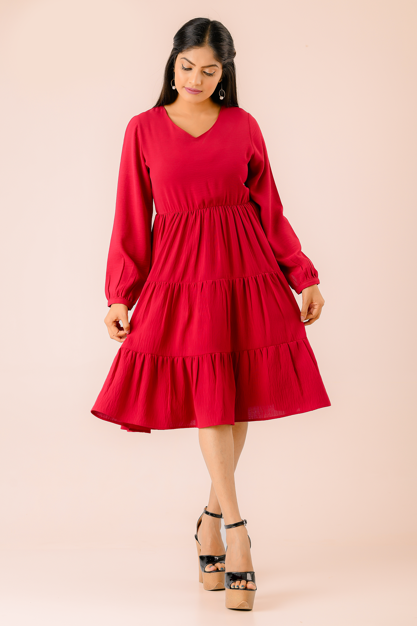 V-Neck Puff Long Sleeve A-Line Midi Dress