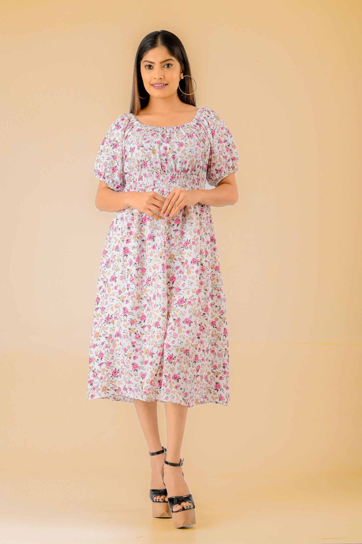 Floral Print Puff Sleeves & off shoulder Midi Dres