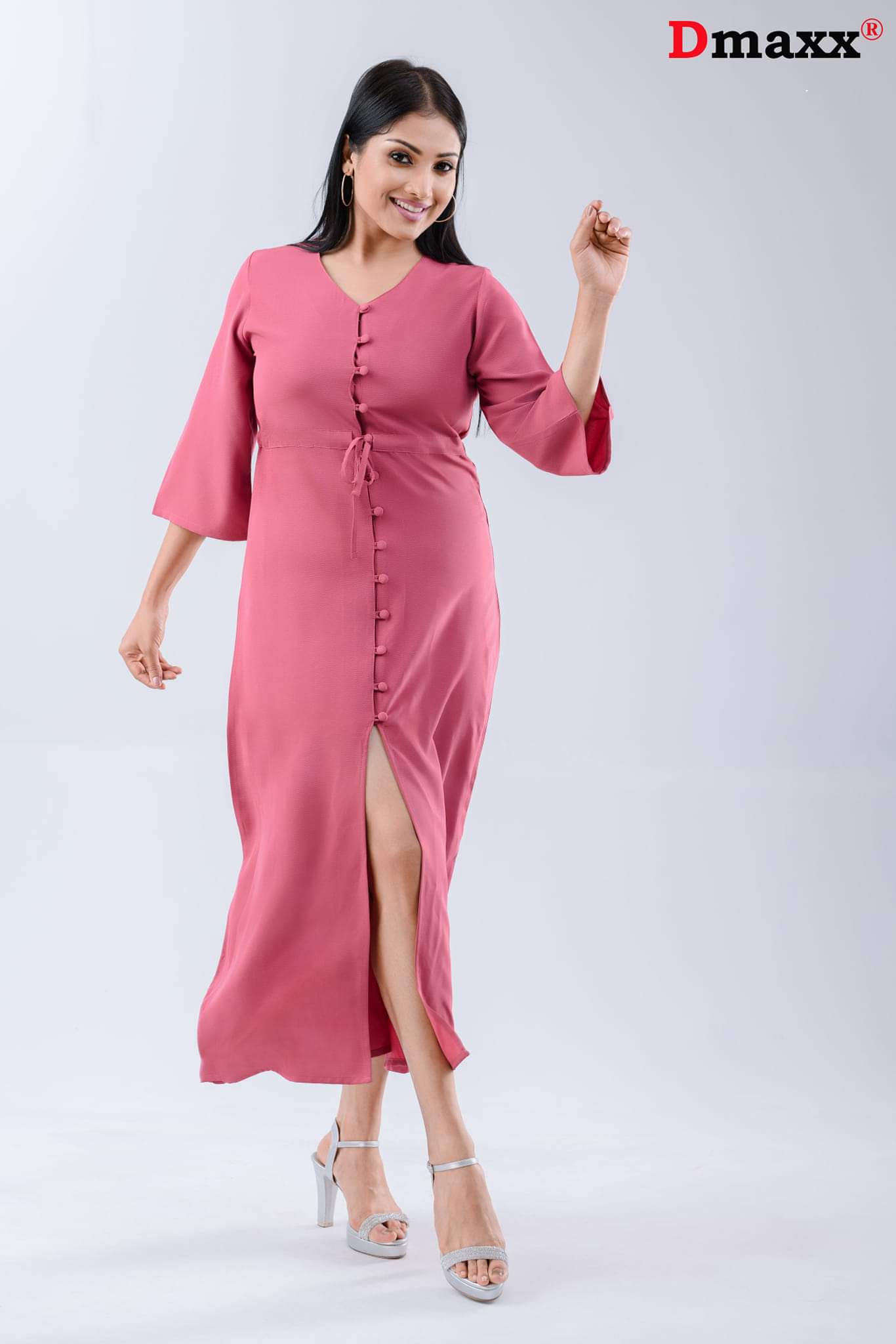 V Neck Three Quarter Sleeve long Button Plain Dress