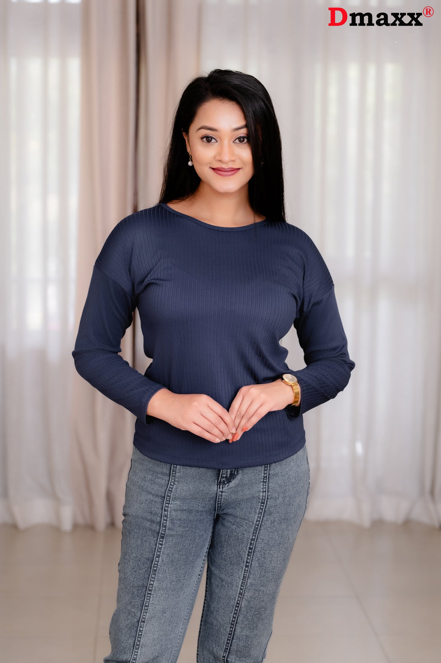 Long Sleeve Rib Round Neck T-Shirt 💙