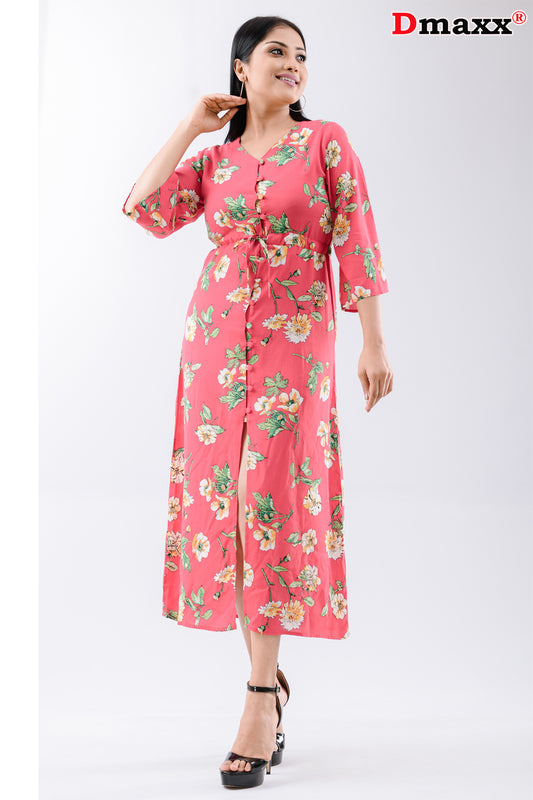 V Neck Three Quarter Sleeve long Button Dress