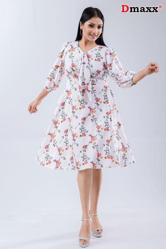 V Neck Three Quarter Sleeve Printed Mini Dress