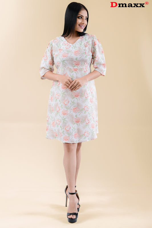 V Neck Collar Three Quarter Sleeve Mini Dress