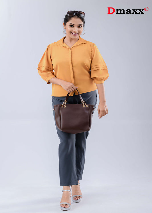 Pleated puff sleeve mustard blouse.
