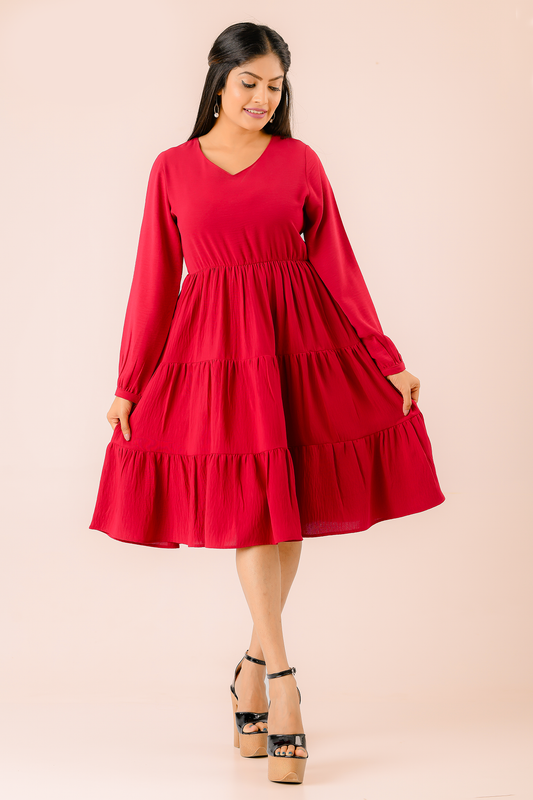 V-Neck Puff Long Sleeve A-Line Midi Dress