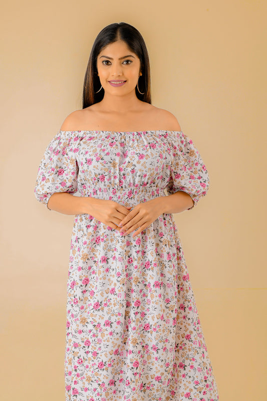 Floral Print Puff Sleeves & off shoulder Midi Dres