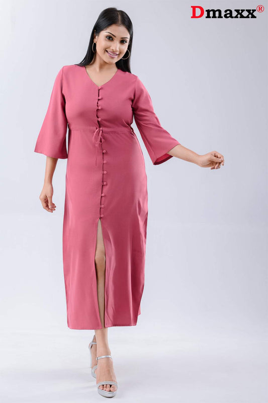 V Neck Three Quarter Sleeve long Button Plain Dress