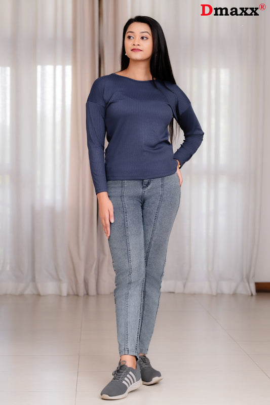 Long Sleeve Rib Round Neck T-Shirt 💙