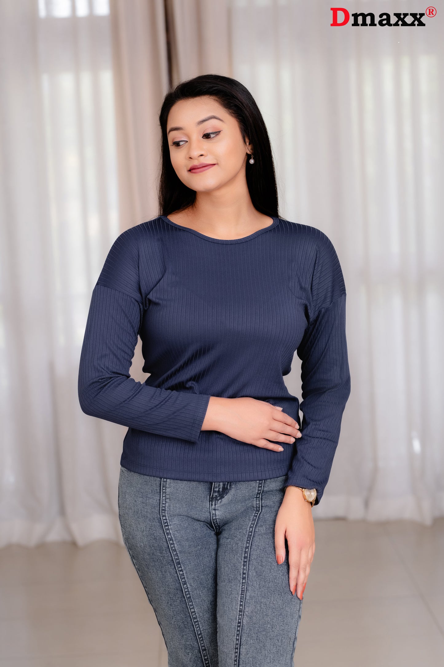Long Sleeve Rib Round Neck T-Shirt 💙